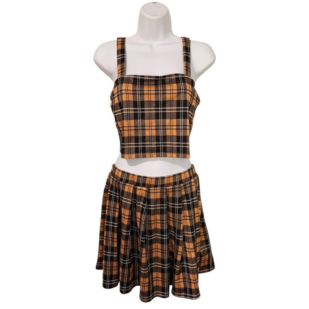 Just Polly New York 2-Piece Set Womens Size S Yellow Black Plaid Crop